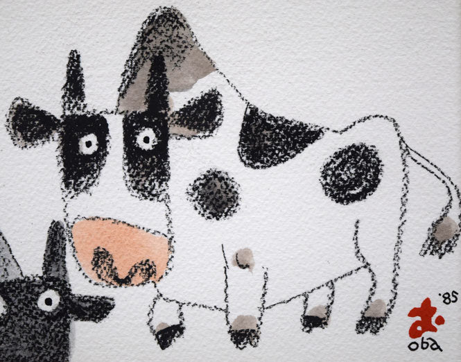 おおば比呂司「三頭の牛」水彩画にパステル　拡大画像2