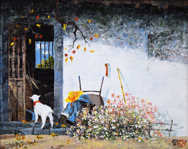 大野登「コスモスの庭」油絵・F3号 作品全体拡大画像