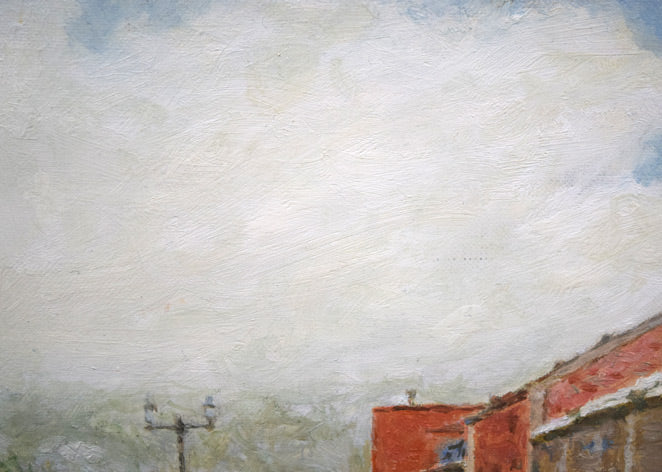 大津英敏「春近い小樽(小樽運河)」油絵・P3号 拡大画像1