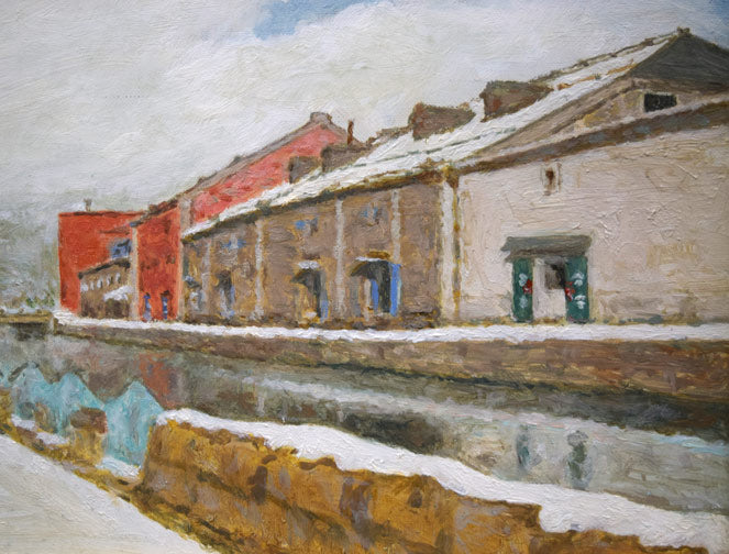 大津英敏「春近い小樽(小樽運河)」油絵・P3号 拡大画像4