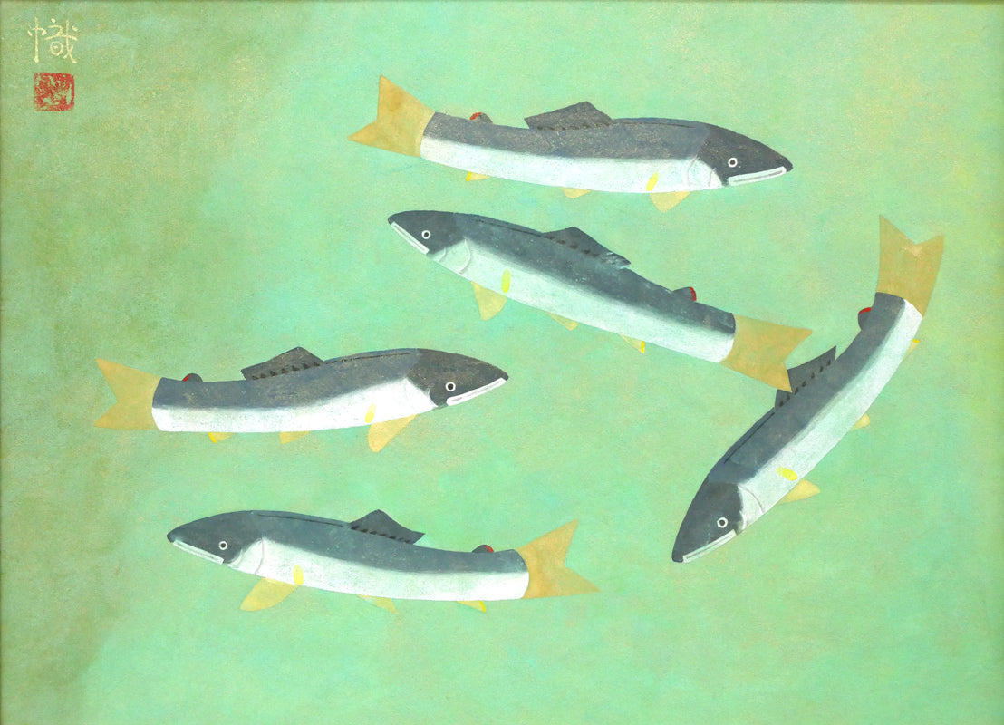 尾山幟「鮎」日本画・P8号 作品全体拡大画像