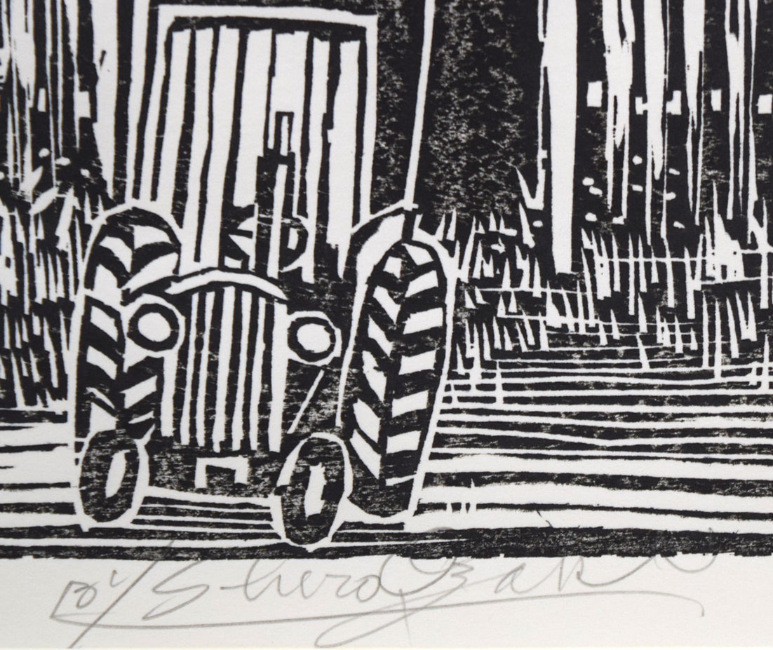 尾崎志郎「古い馬小屋(B)」木版画 本人直筆鉛筆サイン