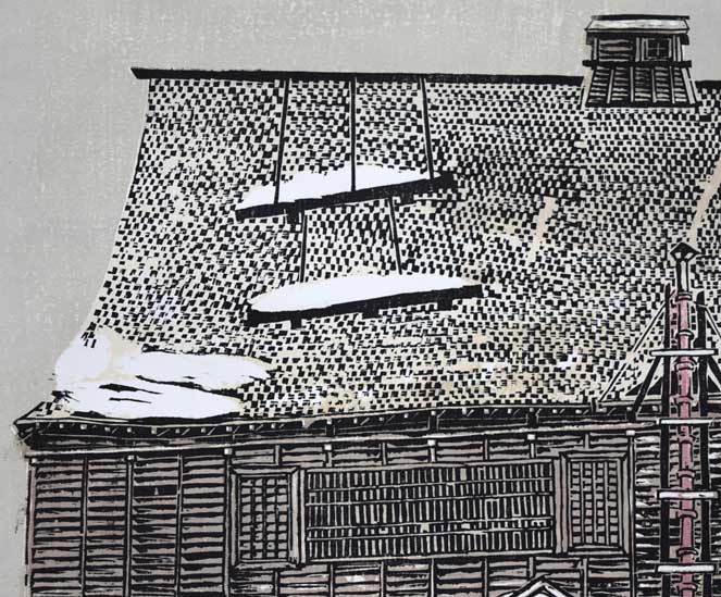 尾崎志郎「冬の岡田番屋(苫前町・鰊番屋)」木版画 拡大画像1
