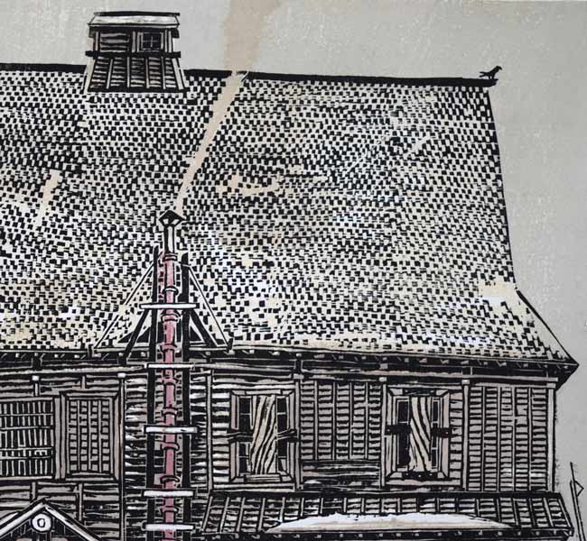 尾崎志郎「冬の岡田番屋(苫前町・鰊番屋)」木版画 拡大画像2