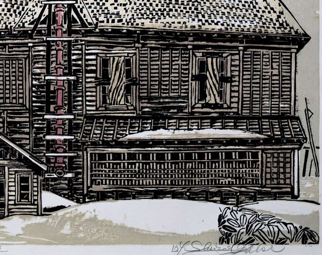尾崎志郎「冬の岡田番屋(苫前町・鰊番屋)」木版画 拡大画像6