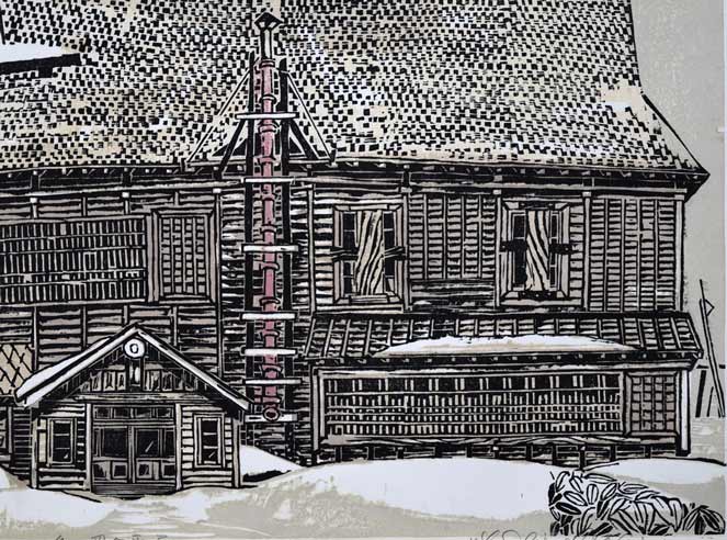 尾崎志郎「冬の岡田番屋(苫前町・鰊番屋)」木版画 拡大画像4