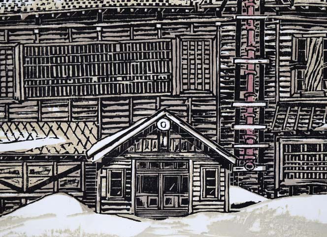 尾崎志郎「冬の岡田番屋(苫前町・鰊番屋)」木版画 拡大画像5