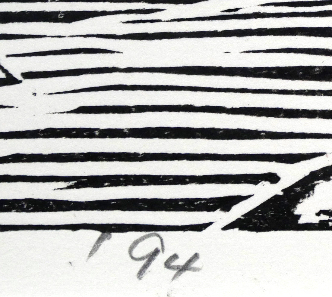 尾崎志郎「浜婦美の番屋(積丹)」木版画 年記(1994年作)