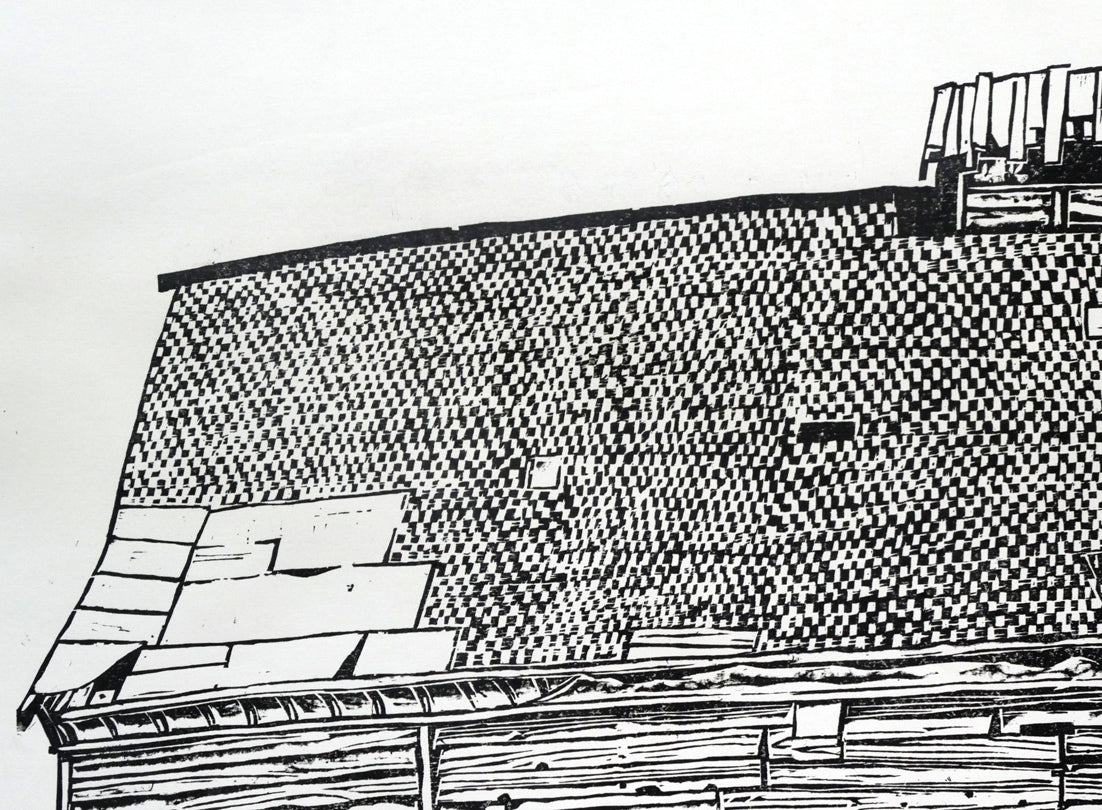 尾崎志郎「浜婦美の番屋(積丹)」木版画 拡大画像1