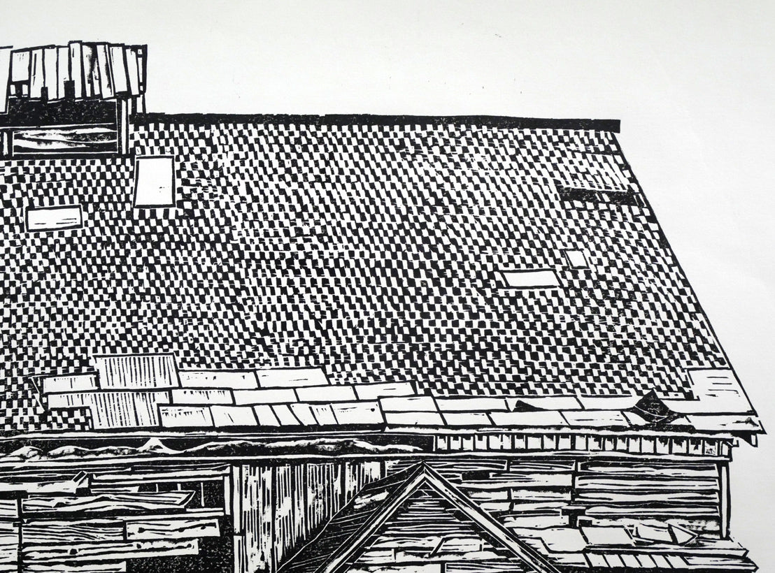 尾崎志郎「浜婦美の番屋(積丹)」木版画 拡大画像3