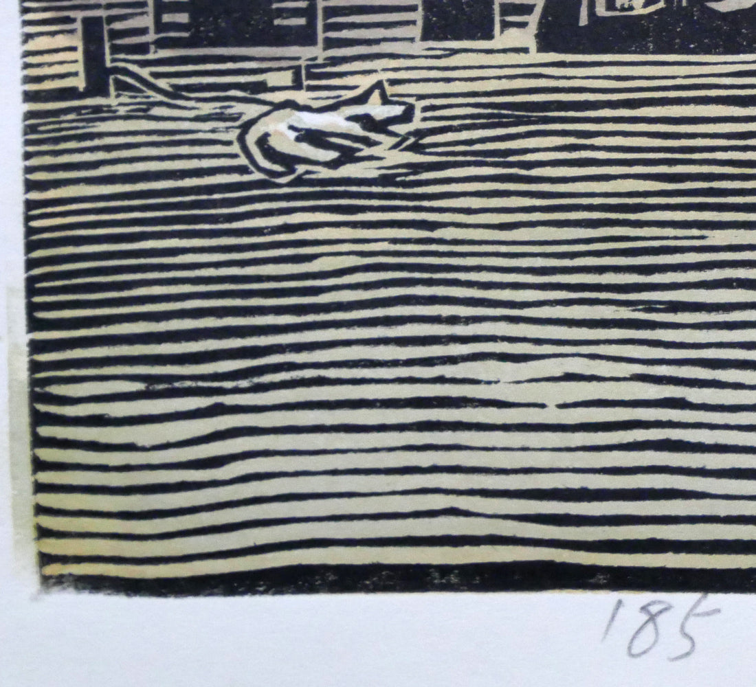 尾崎志郎「漁村(増毛)」木版画 年記(1985年作)