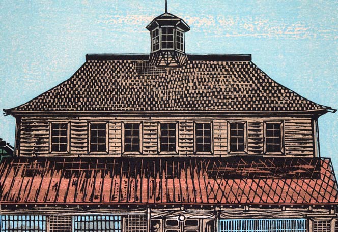 尾崎志郎「歌棄(うたすつ)の漁家」木版画 拡大画像1