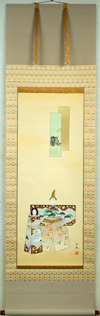 小沢香庵「立雛」彩色画絹本・掛軸尺五立・共箱