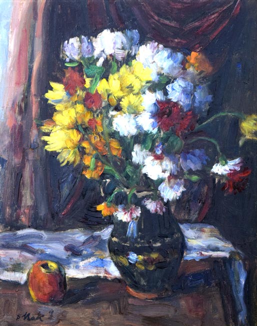 P・バック「りんごと花の静物」油絵・変形20号 作品全体画像