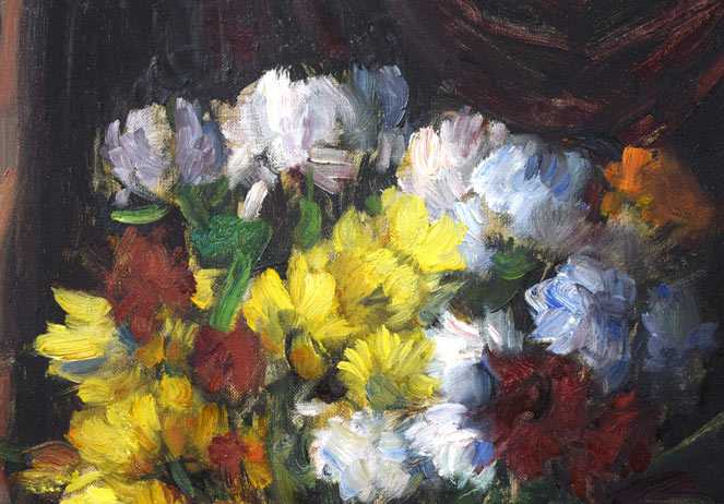 P・バック「りんごと花の静物」油絵・変形20号 拡大画像1