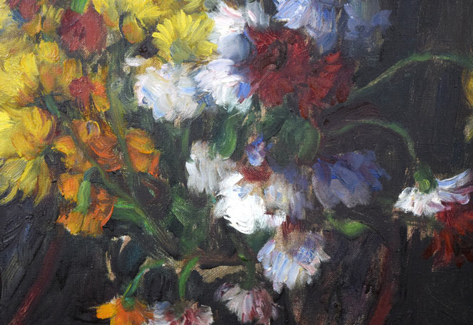 P・バック「りんごと花の静物」油絵・変形20号 拡大画像2