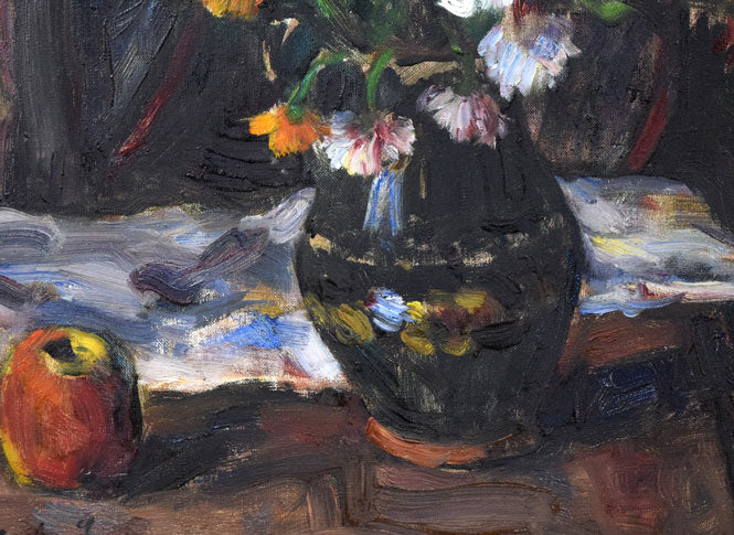 P・バック「りんごと花の静物」油絵・変形20号 拡大画像3