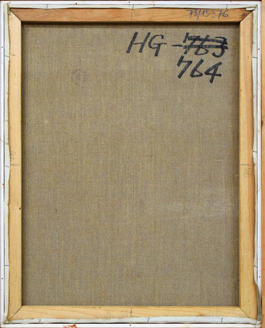 P・バック「りんごと花の静物」油絵・変形20号 キャンバス裏側画像