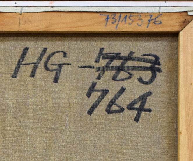 P・バック「りんごと花の静物」油絵・変形20号 裏書き拡大画像