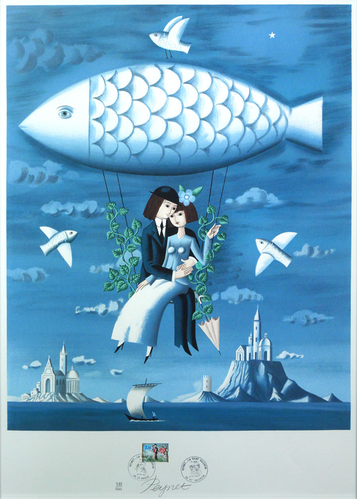 レイモン・ペイネ(Raymond Peynet)「天空をゆく魚(飛行船)」リトグラフ 作品全体拡大画像