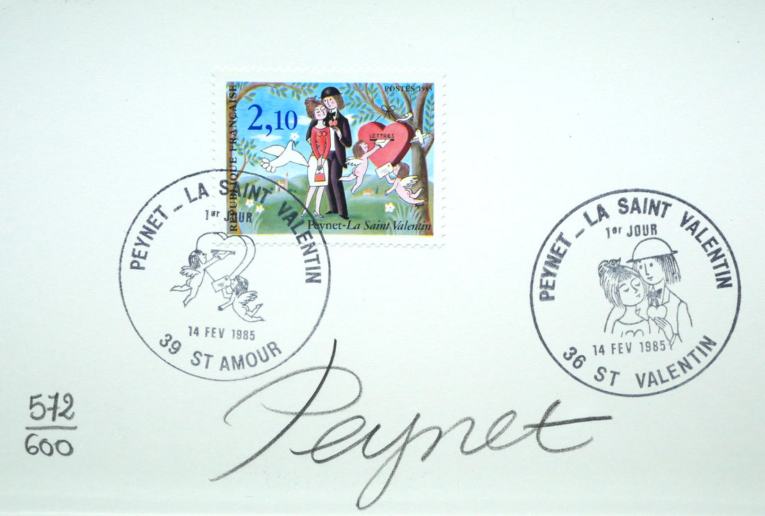 レイモン・ペイネ(Raymond Peynet)「天空をゆく魚(飛行船)」リトグラフ 記念切手、限定番号(ed,512/600)、本人直筆鉛筆サイン