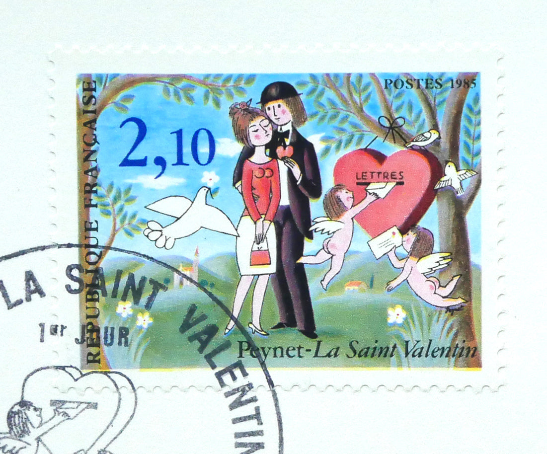 レイモン・ペイネ(Raymond Peynet)「天空をゆく魚(飛行船)」リトグラフ 1985年バレンタインデー発行記念切手・スタンプ付