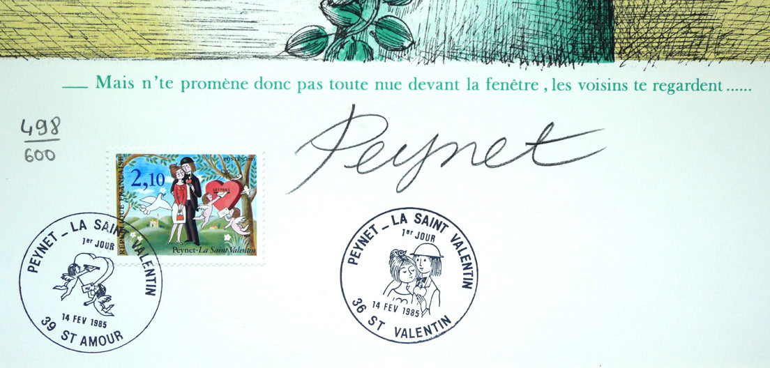 レイモン・ペイネ(Raymond Peynet)「みんなが見てるよ」リトグラフ 記念切手、限定番号(ed,498/600)、直筆鉛筆サイン入り