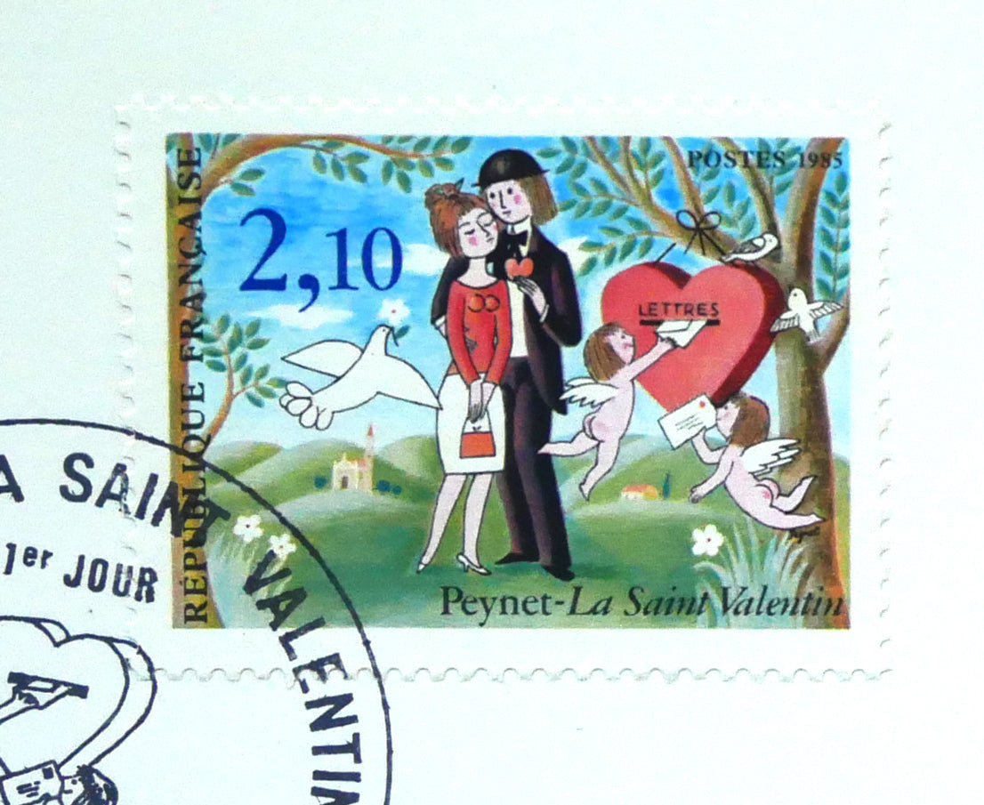 レイモン・ペイネ(Raymond Peynet)「みんなが見てるよ」リトグラフ 1985年バレンタインデー発行記念切手・スタンプ付