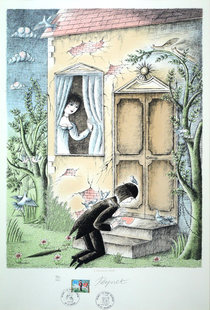 レイモン・ペイネ(Raymond Peynet)「内気な恋人」リトグラフ 作品全体拡大画像