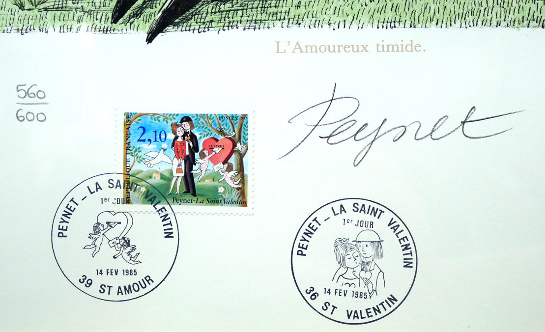 レイモン・ペイネ(Raymond Peynet)「内気な恋人」リトグラフ 記念切手、限定番号(ed,560/600)、本人直筆鉛筆サイン
