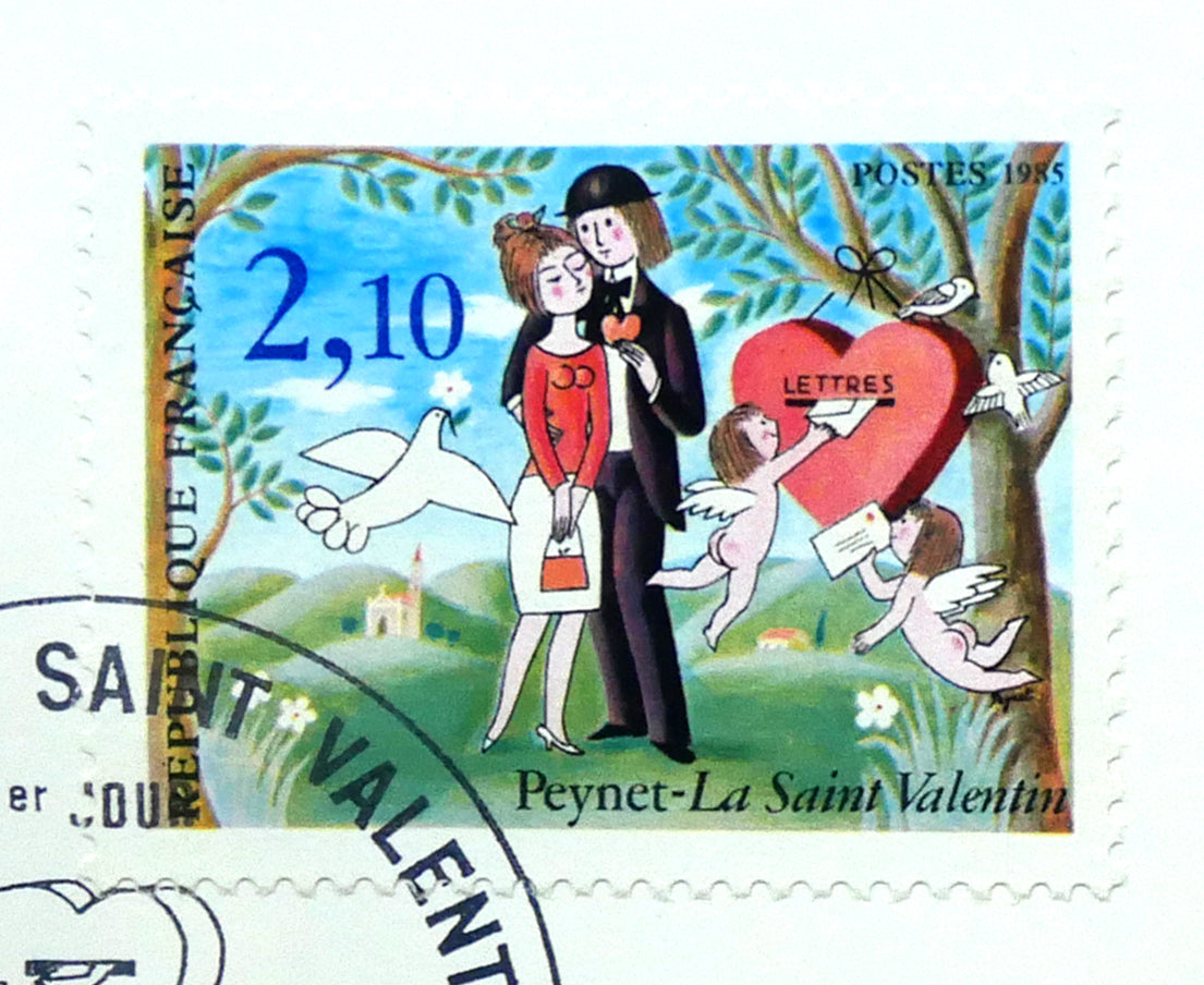 レイモン・ペイネ(Raymond Peynet)「内気な恋人」リトグラフ 1985年バレンタインデー発行記念切手・スタンプ付