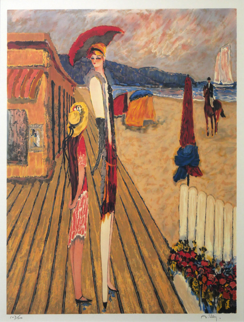 ラモン・ディレイ(Ramon Dilley)「ドーヴィルの砂浜」リトグラフ 作品全体拡大画像