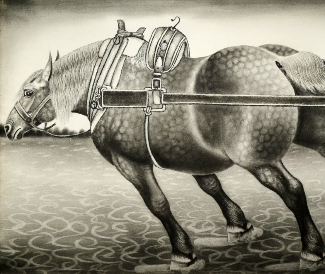 露山(畠中清喜)「引っ張りあうばん馬」木炭画・水墨・変形40号 拡大画像1