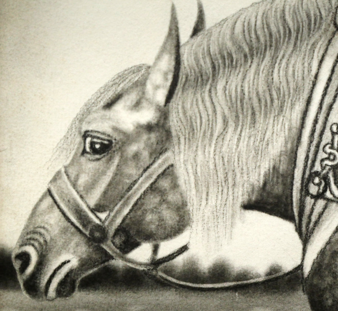 露山(畠中清喜)「引っ張りあうばん馬」木炭画・水墨・変形40号 拡大画像2