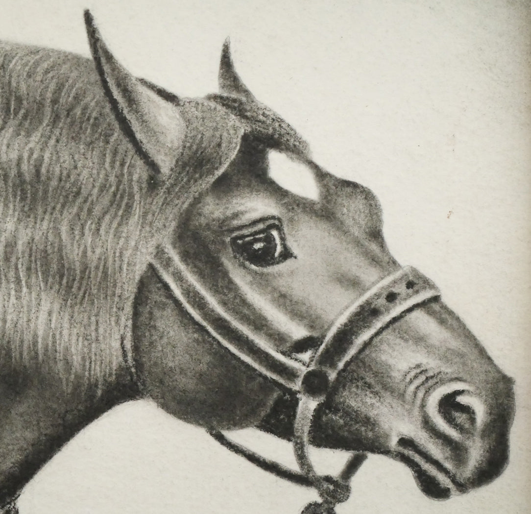 露山(畠中清喜)「引っ張りあうばん馬」木炭画・水墨・変形40号 拡大画像7