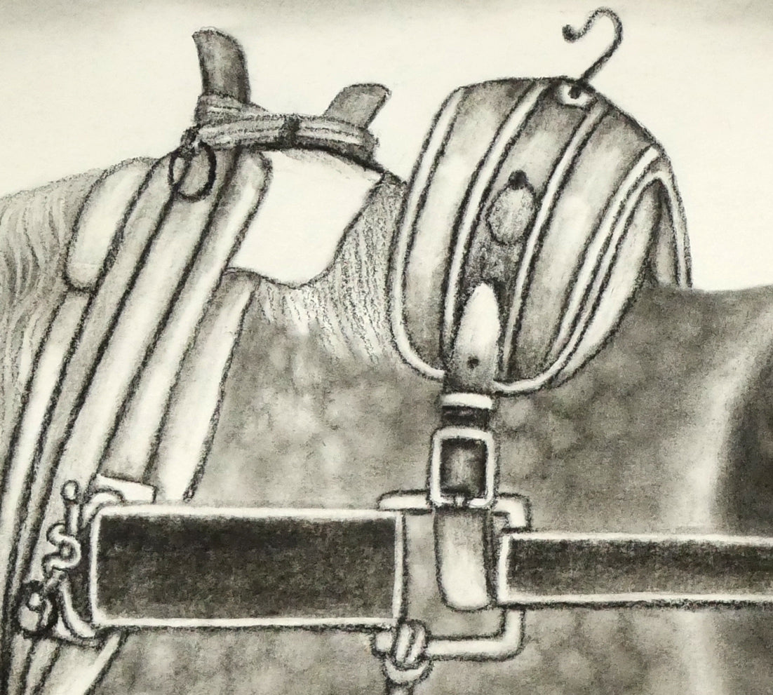 露山(畠中清喜)「引っ張りあうばん馬」木炭画・水墨・変形40号 拡大画像3