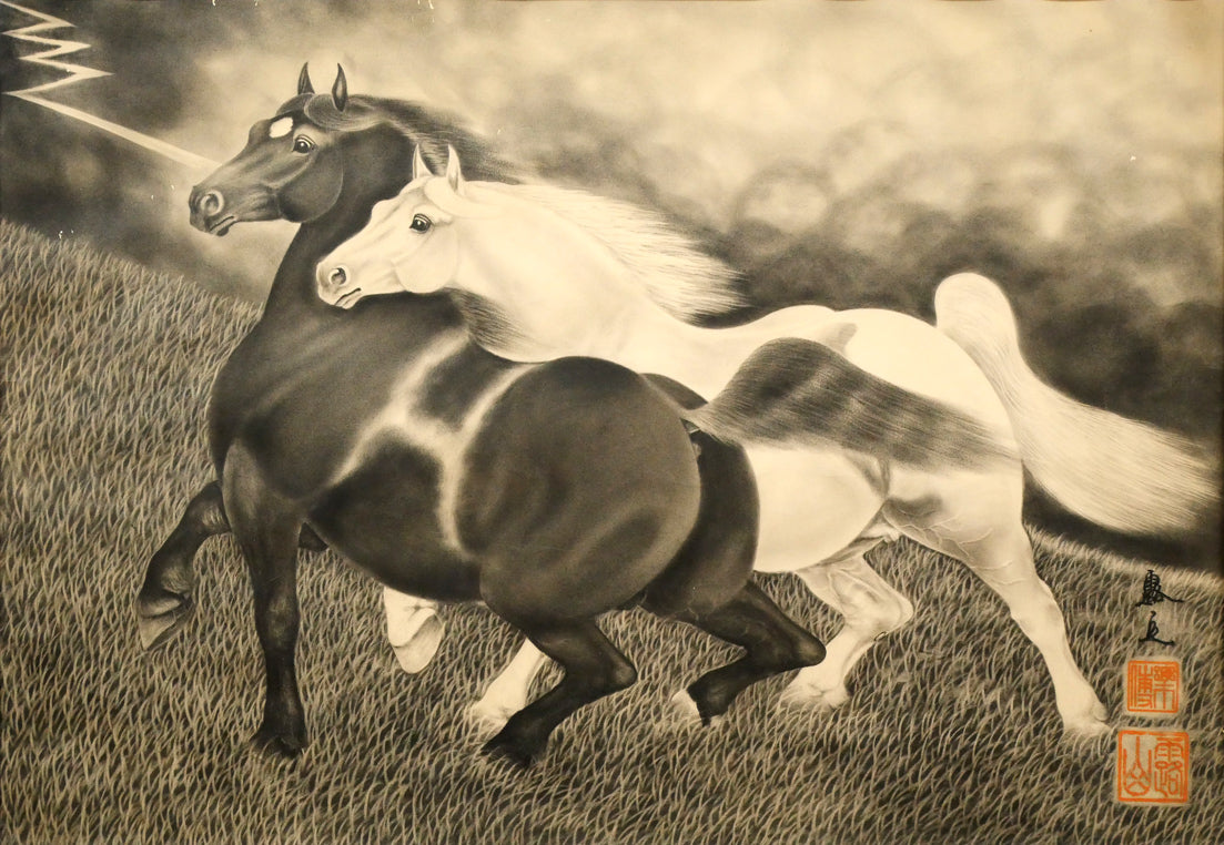 露山(畠中清喜)「二頭の馬」木炭画・水墨・20号大 作品全体画像