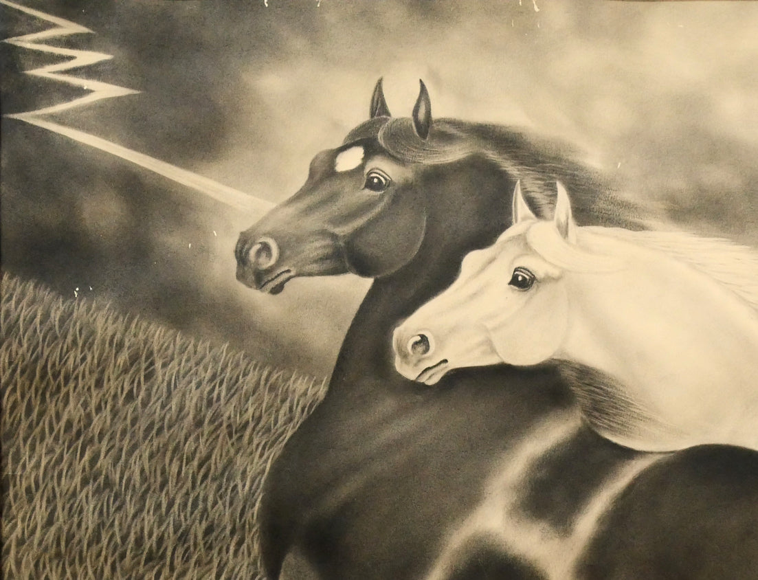 露山(畠中清喜)「二頭の馬」木炭画・水墨・20号大 拡大画像1