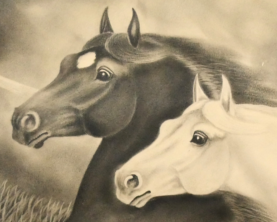 露山(畠中清喜)「二頭の馬」木炭画・水墨・20号大 拡大画像5