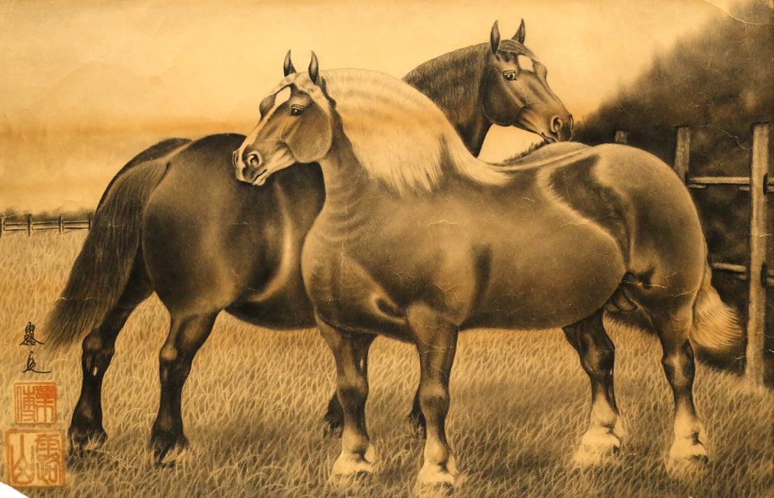 露山(畠中清喜)「馬二頭」木炭画・水墨・10号大 作品全体画像