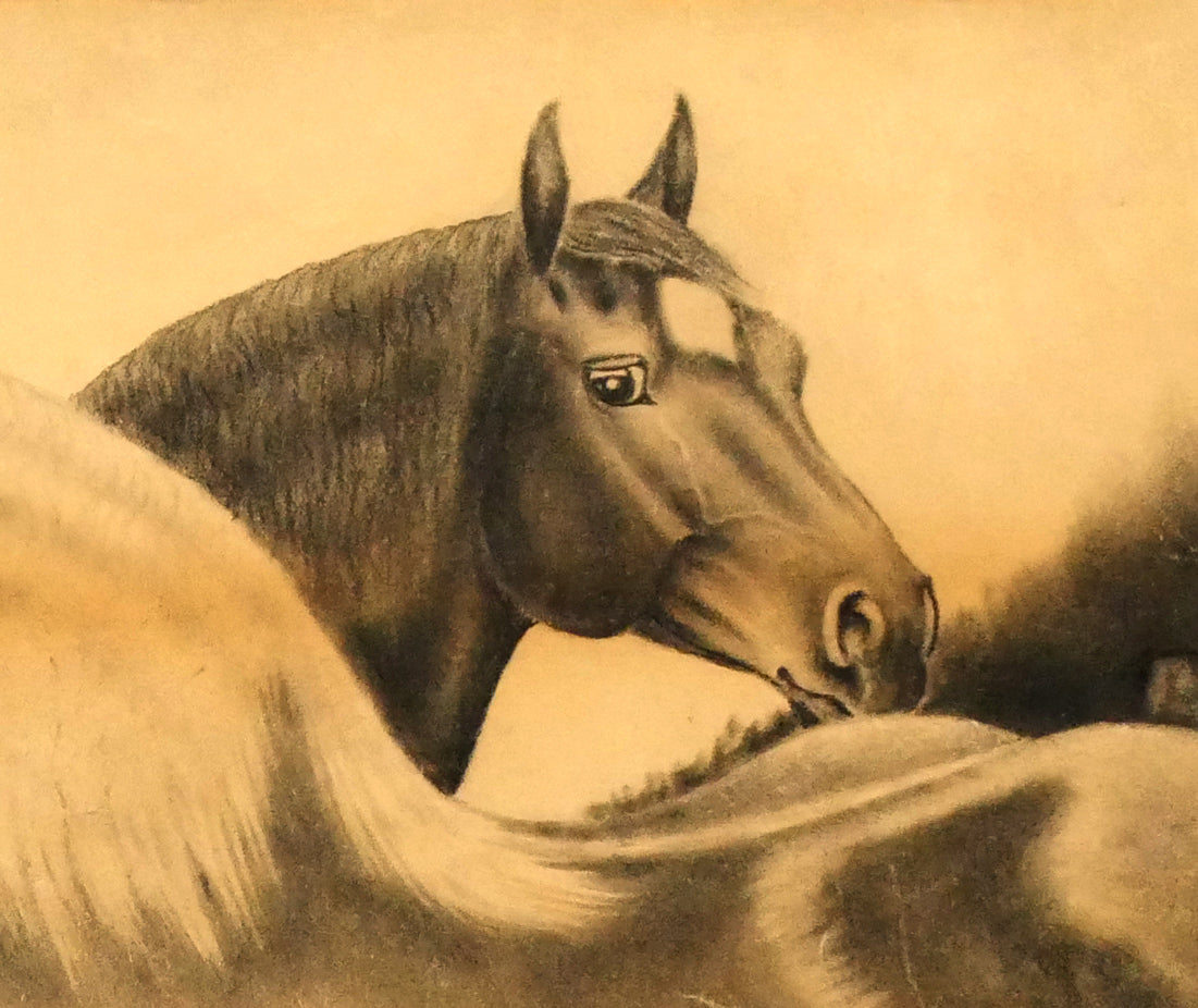 露山(畠中清喜)「馬二頭」木炭画・水墨・10号大 拡大画像4