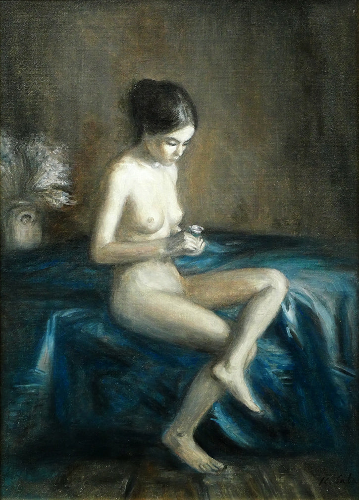 佐田興三「一輪の花(裸婦)」油絵・F4号 作品全体画像