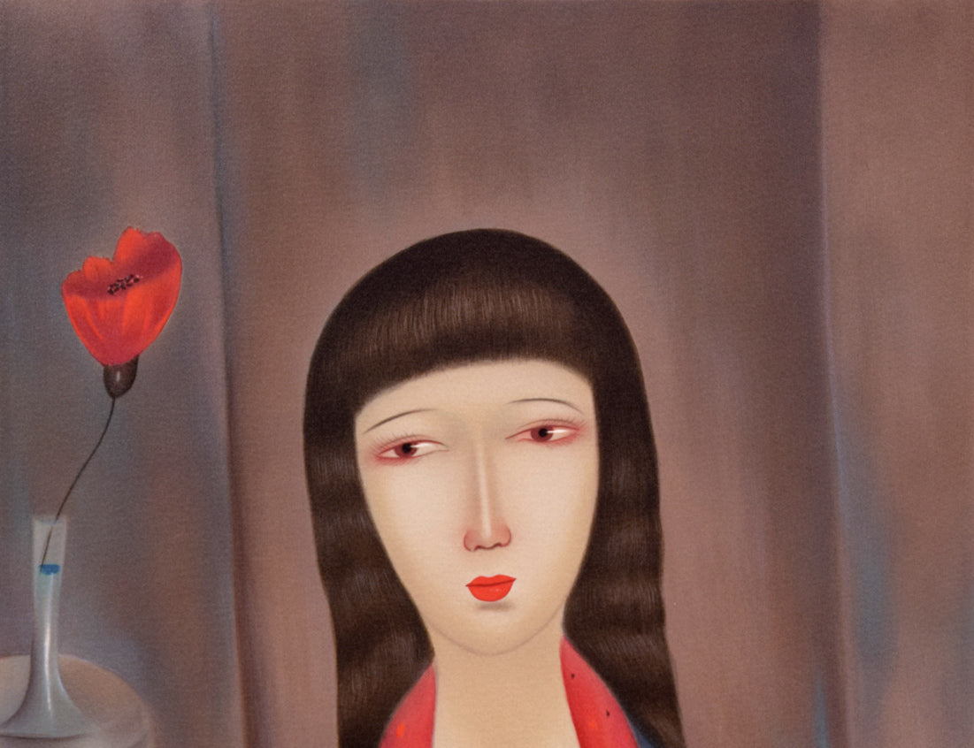 斎藤真一「赤いスカーフの女」リトグラフ 拡大画像1