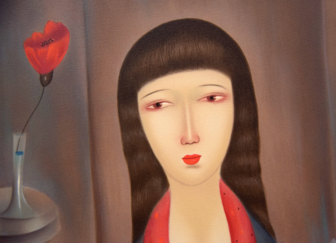 斎藤真一「赤いスカーフの女」リトグラフ 拡大画像2