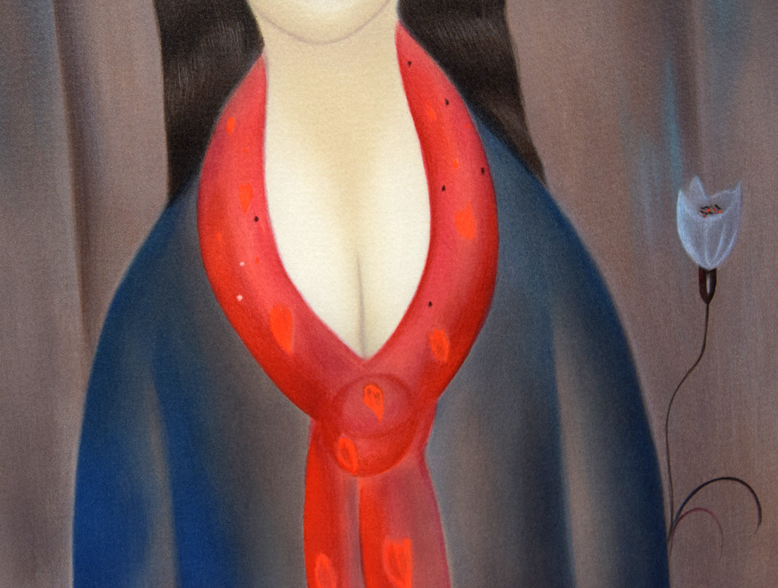 斎藤真一「赤いスカーフの女」リトグラフ 拡大画像4