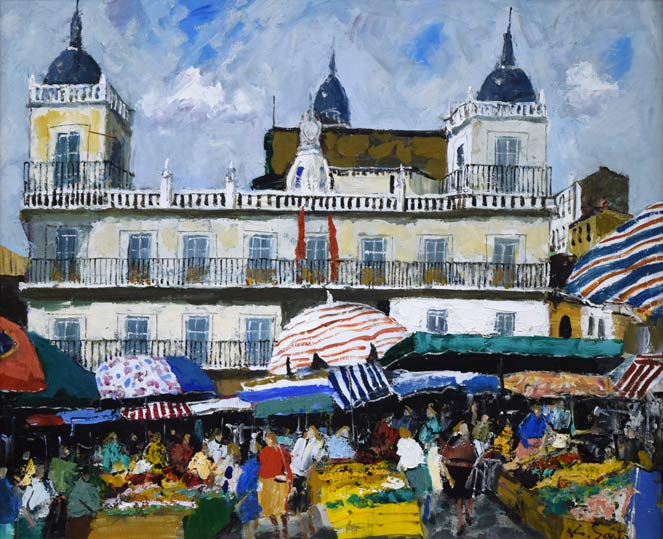 斉藤要「レオンの朝市(スペイン)」油絵・F8号 作品全体拡大画像