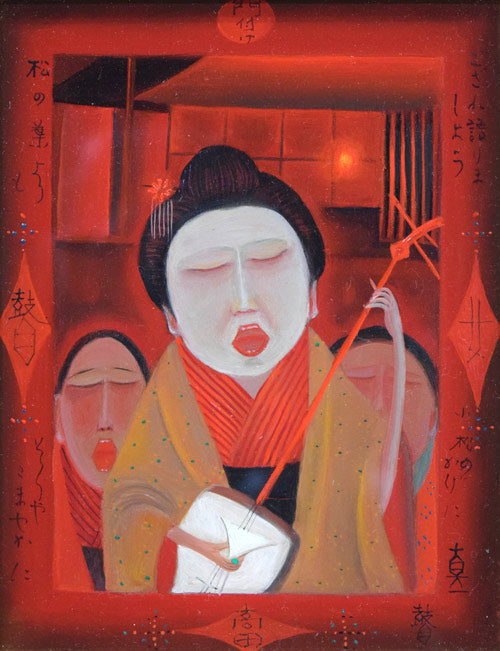 斎藤真一「門付〔かどづけ〕( 越後瞽女〔ごぜ〕日記より)」油絵・F0号 作品全体拡大画像