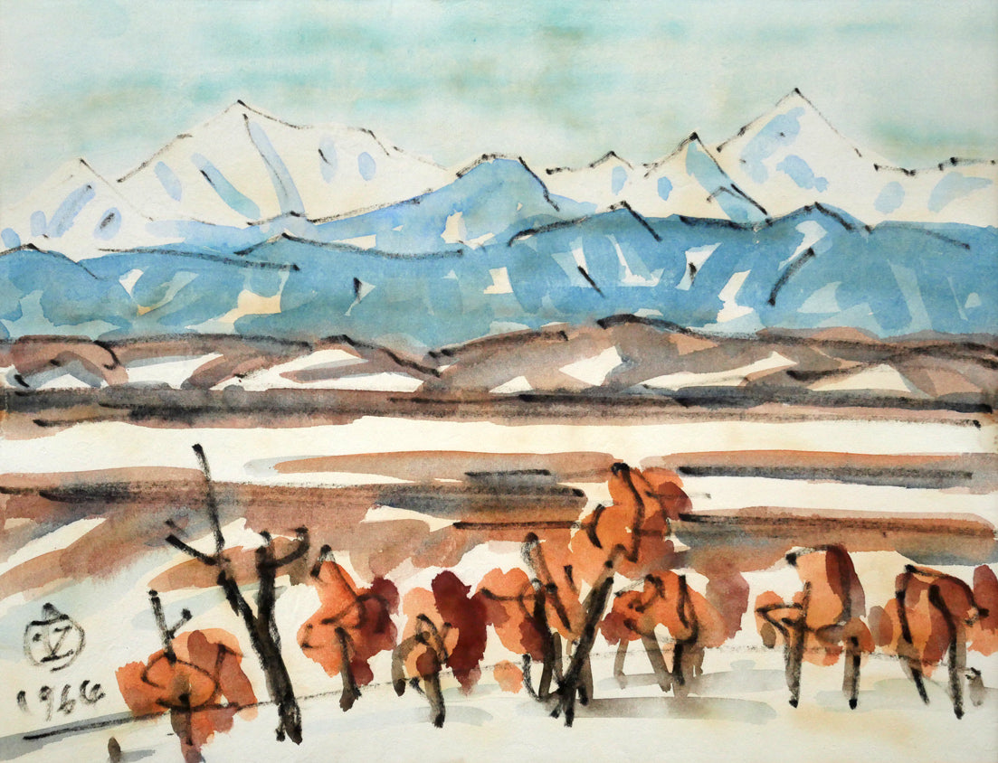 坂本直行「冬の原野とカムイエクウチカウシ山(日高)」水彩画・3号 作品全体画像