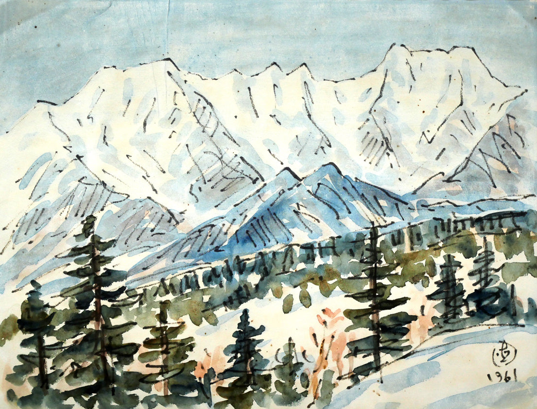 坂本直行「冬の石狩連峰」水彩画・6号 作品全体画像