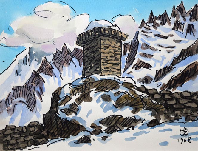 坂本直行「ナムチェにて(ネパール)」水彩画・6号 作品全体拡大画像